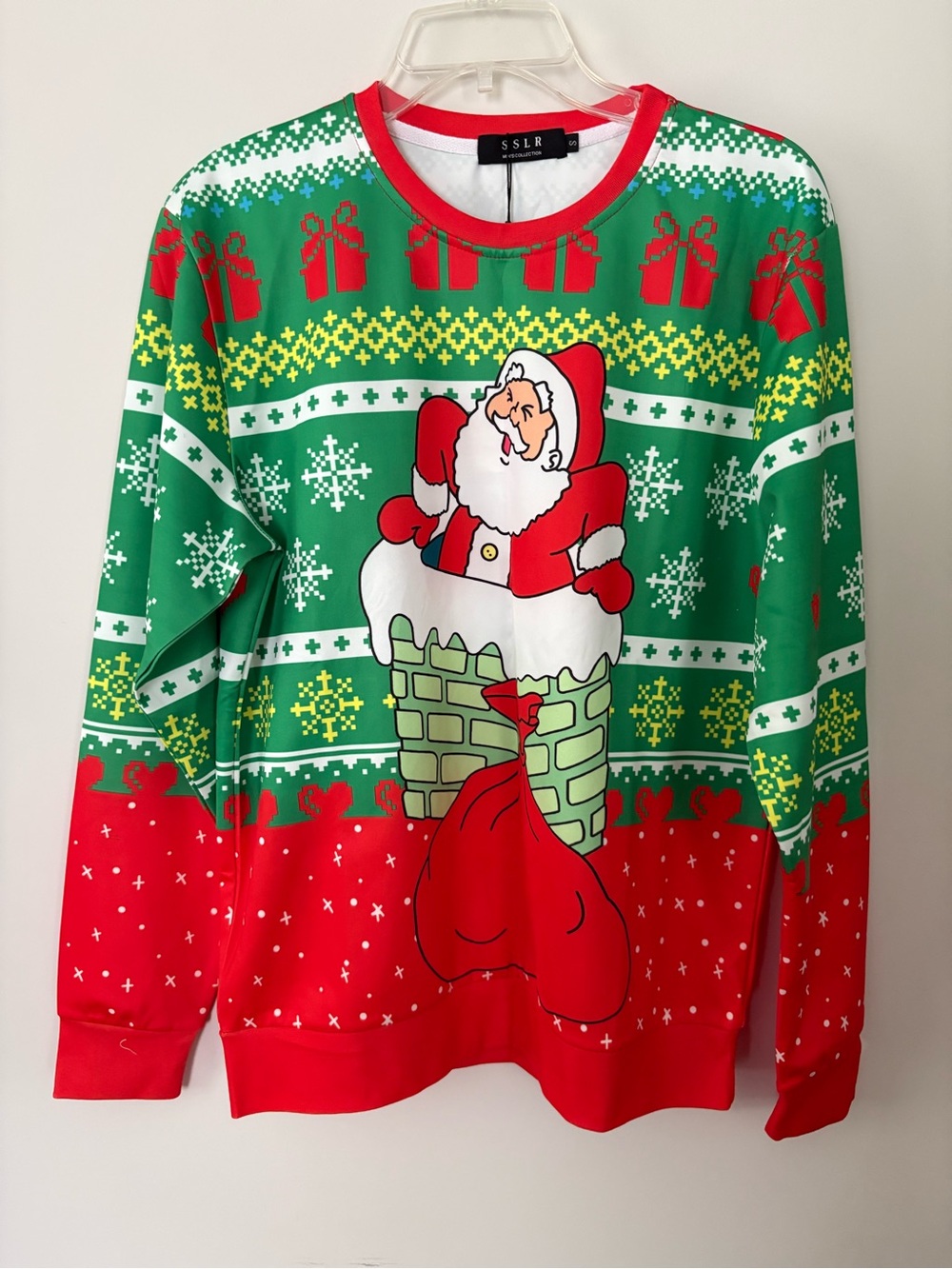 NWT SSLR Men's Small Funny Santa Stuck in Chimney Tacky Ugly Christmas Sweater